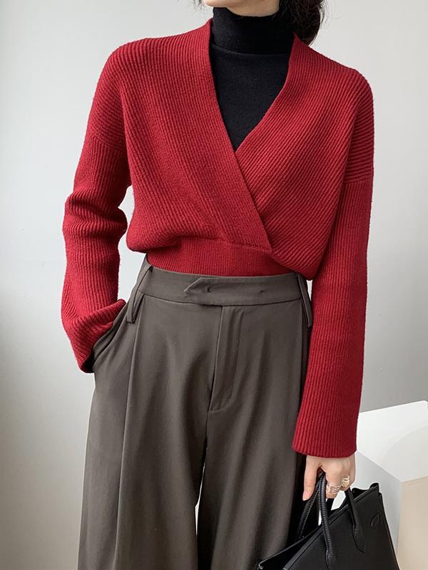 Long Sleeves Asymmetric Solid Color V-Neck Knitwear Pullovers Sweater Product Image