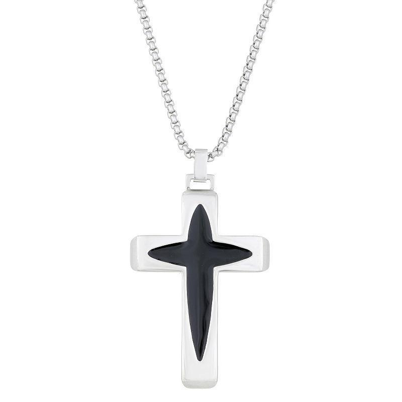 Mens LYNX Stainless Steel Black Resin Cross Pendant Necklace White Product Image