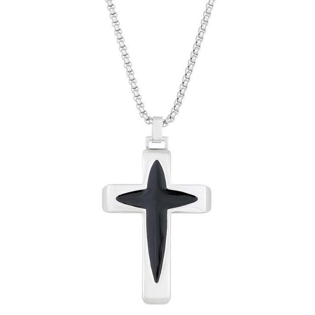 Mens LYNX Stainless Steel Black Resin Cross Pendant Necklace White Product Image