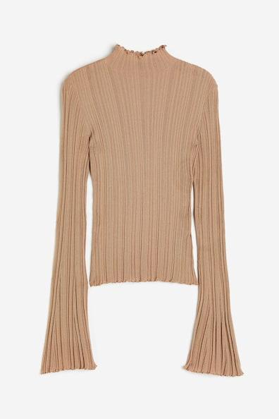 H & M - Rib-knit Mock Turtleneck Top - Beige Product Image