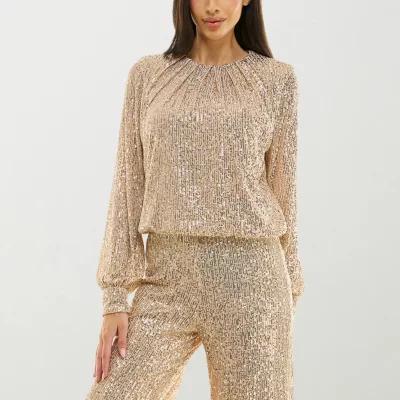 Premier Amour Sequin Womens Crew Neck Long Sleeve Blouse Product Image