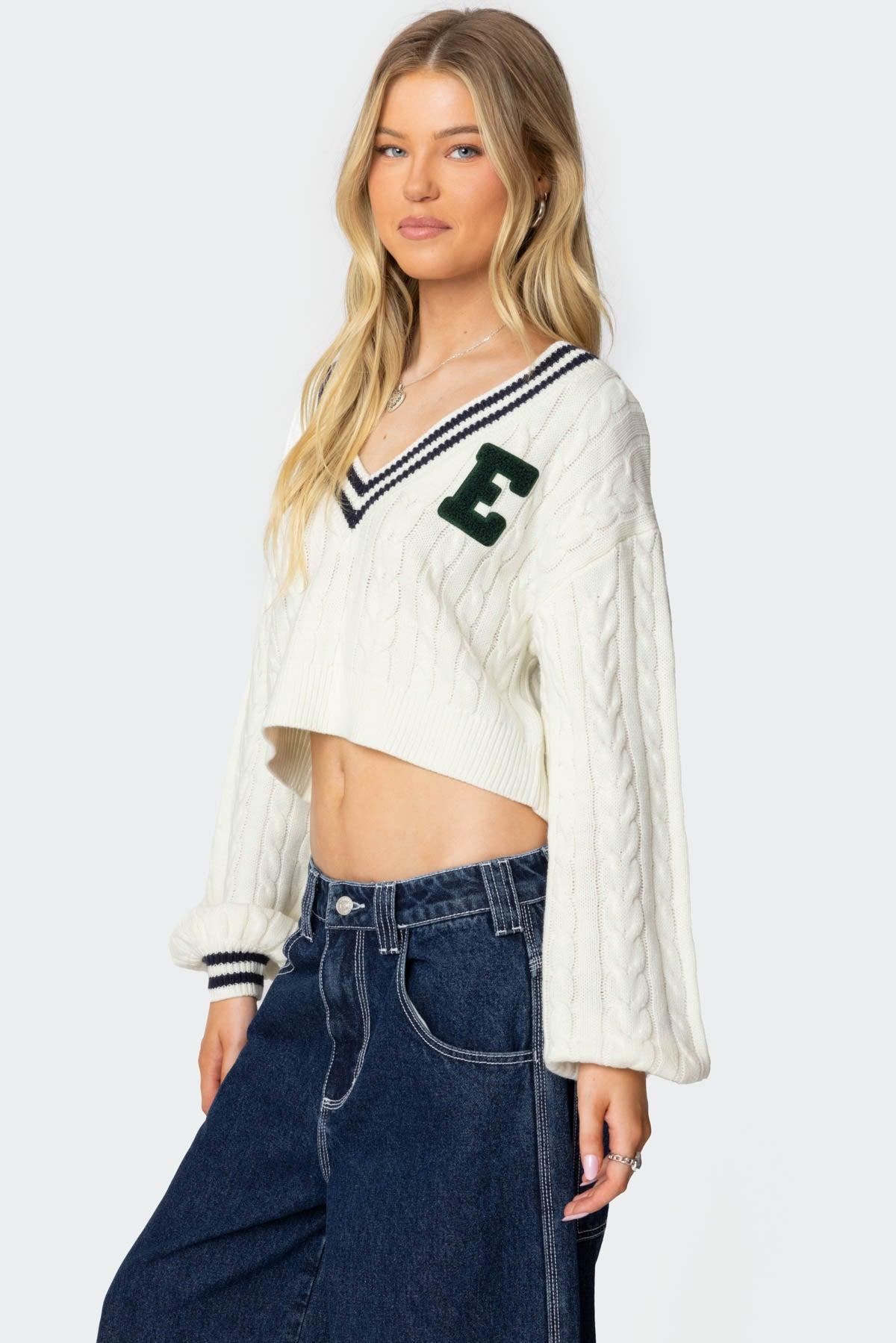 Collegiate Cropped Cable Knit Sweater Product Image