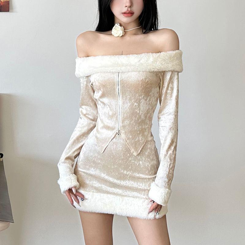 Long Sleeve Off-Shoulder Furry-Trim Zip-Up Slim-Fit Top / Low Rise Mini Pencil Skirt Product Image