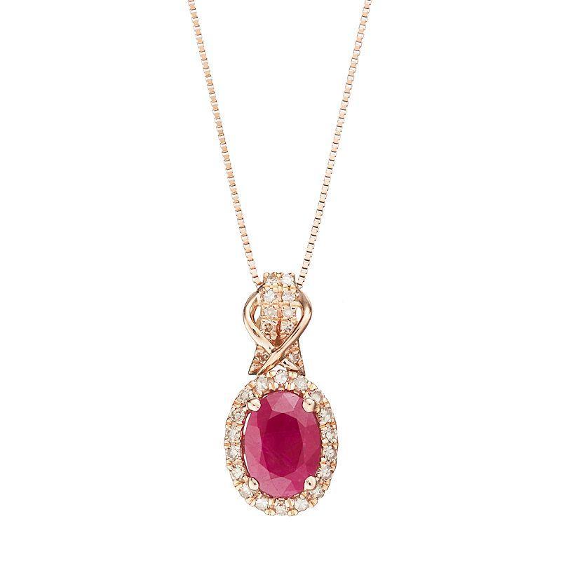 Gemminded 10k Rose Gold Ruby & 1/6 Carat T.W. Diamond Halo Pendant Necklace, Womens Red Product Image