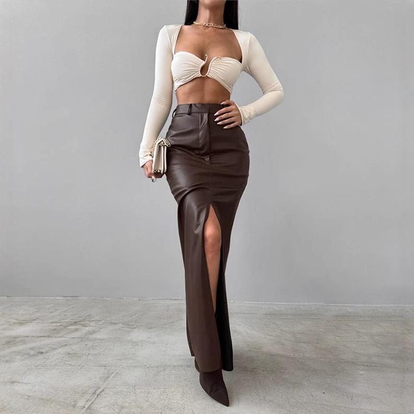 High Waist Plain Slit Faux Leather Maxi Pencil Skirt Product Image