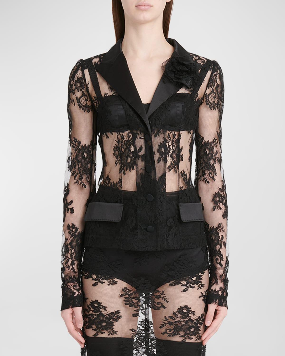 Dolce & Gabbana Sheer Floral Lace & Satin Jacket Product Image