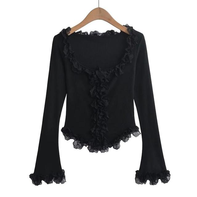 Long-Sleeve Scoop Neck Frill Trim Plain Top Product Image