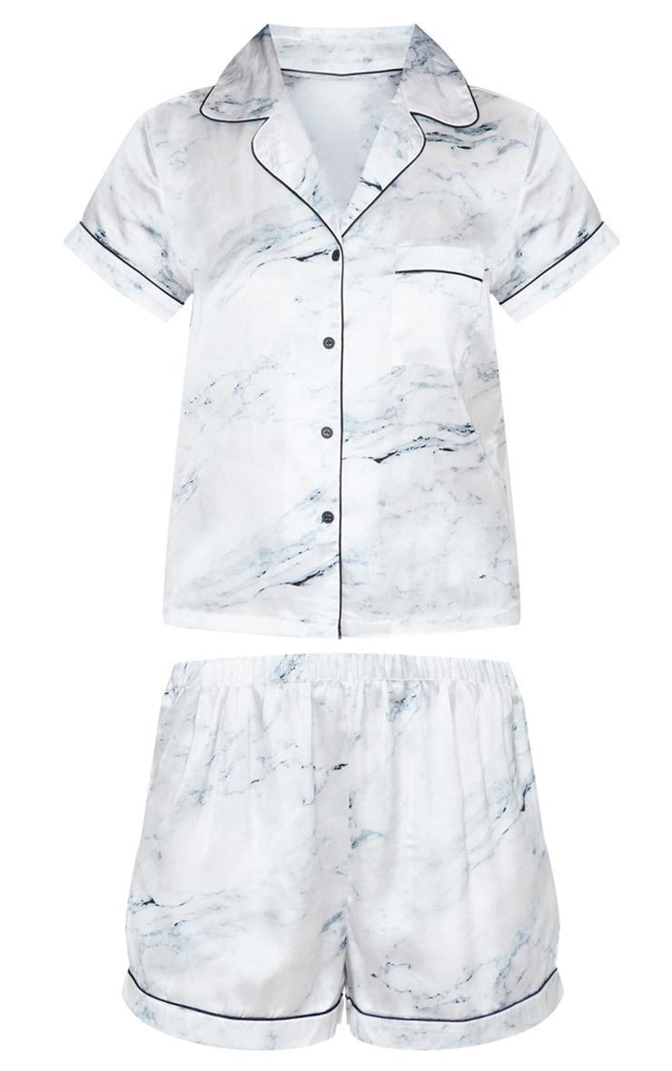 White Marble Print Satin Short Pj Set Product Image