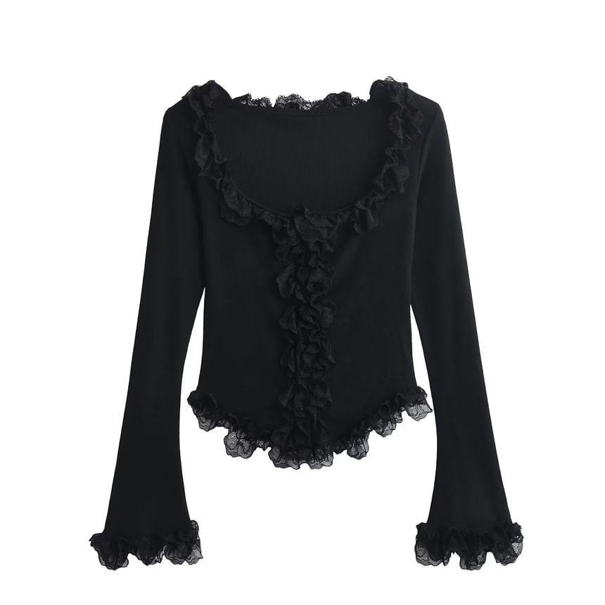 Long-Sleeve Scoop Neck Frill Trim Plain Top Product Image