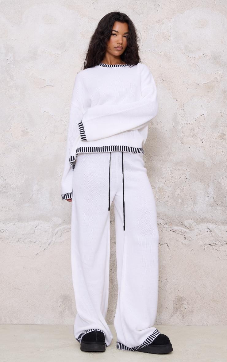 Cream Contrast Stitch Detail Knit Drawstring Waist Trousers Product Image