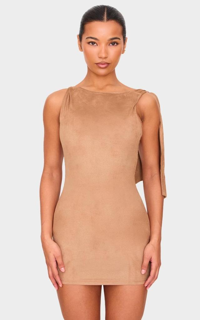 Camel Faux Suede Knot Drape Bodycon Dress Product Image