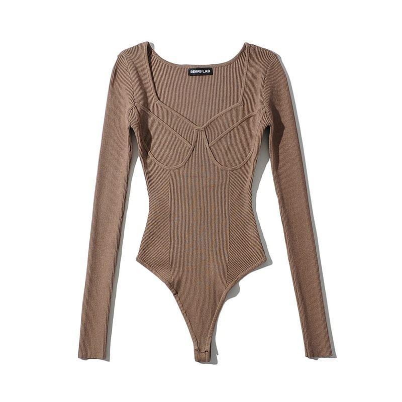 Long-Sleeve Sweetheart Neckline Plain  Ribbed Bodysuit Top Product Image