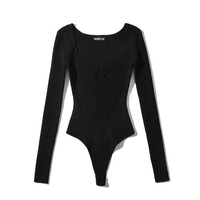 Long-Sleeve Sweetheart Neckline Plain  Ribbed Bodysuit Top Product Image