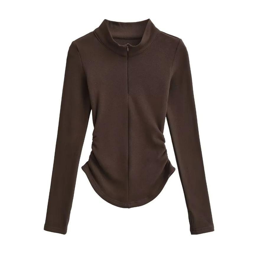 Long-Sleeve High Neck Plain Shirred T-Shirt Product Image