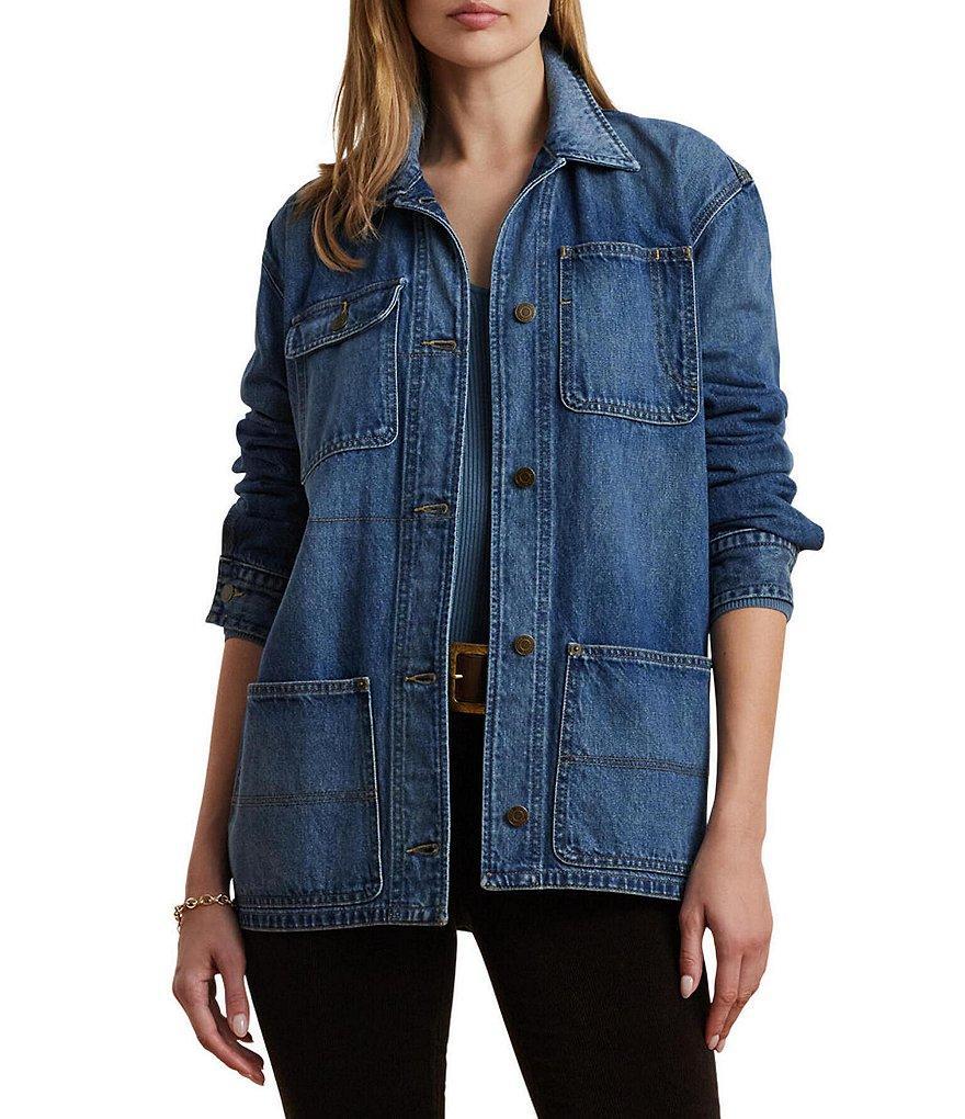 Lauren Ralph Lauren Caitmier Spread Collar Barrel Cuff Patch Pocket Medium Wash Shacket Product Image