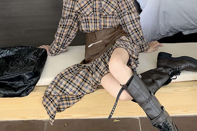 Long-Sleeve Cold Shoulder Plaid Button-Up Crop Blouse / High Waist Asymmetrical Mini A-Line Skirt Product Image