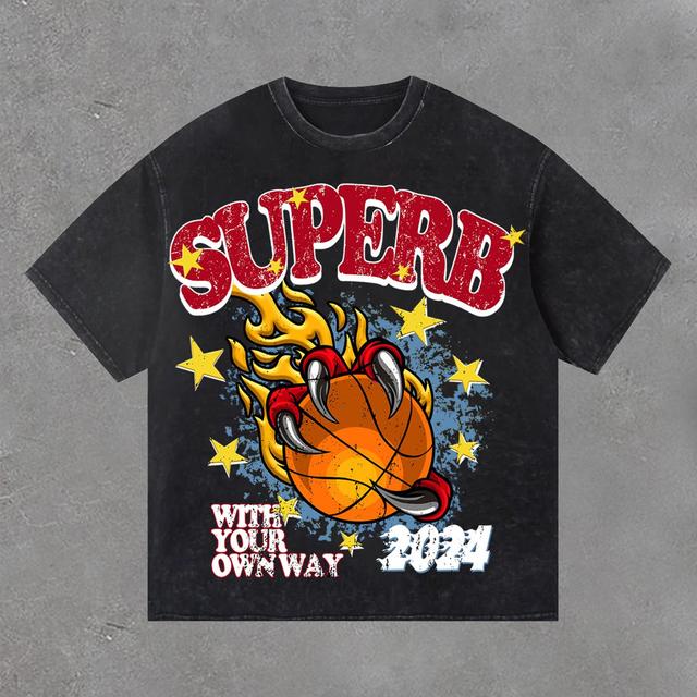 Casual Street Basketball Fire Print Acid Washed T-Shirt Product Image