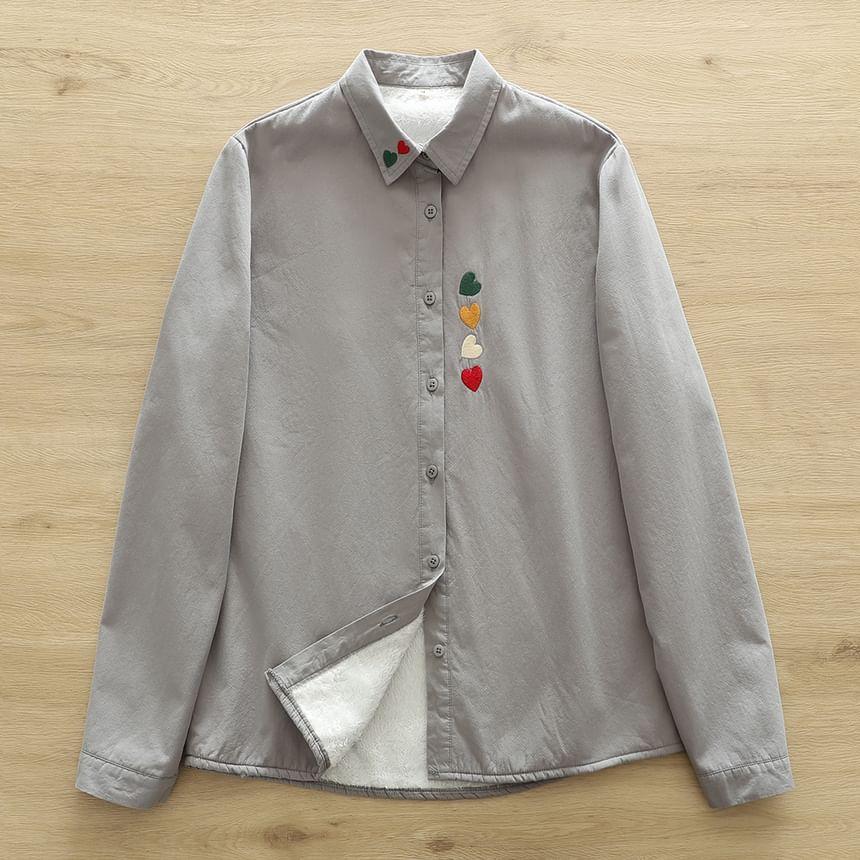 Fleece-Lined Heart Embroidered Button-Up Shirt Product Image