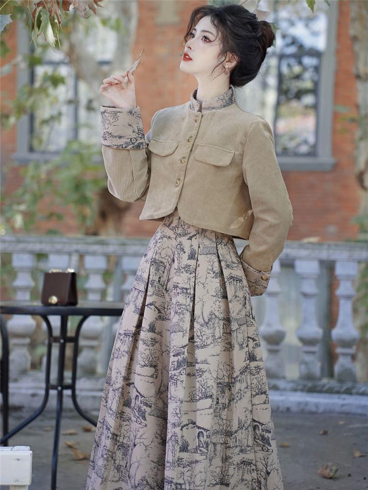 Set: Mock Two-Piece Mandarin Collar Print Panel Crop Button Jacket + High Rise Pleated Midi A-Line Skirt Product Image