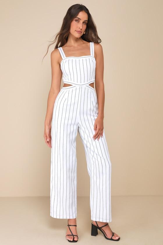 Sunny Journey White and Black Striped Cutout Jumpsuit Product Image