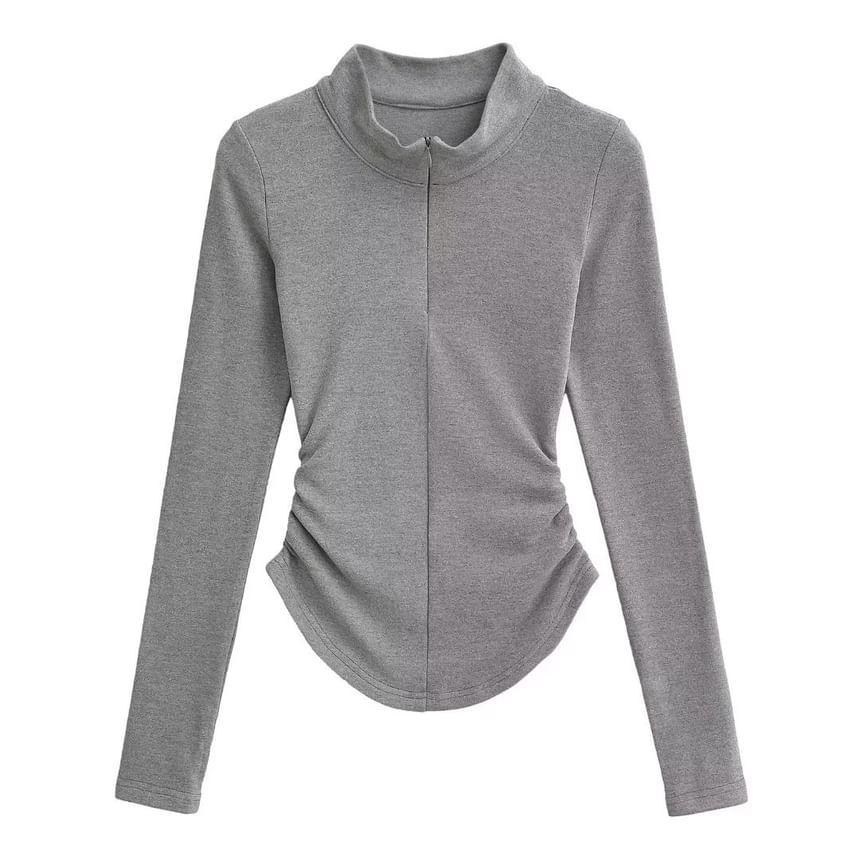 Long-Sleeve High Neck Plain Shirred T-Shirt Product Image