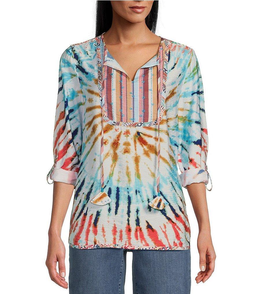 John Mark Tie Dye Print Woven Embroidered Tie Neck Roll-Tab Sleeve Tunic Product Image