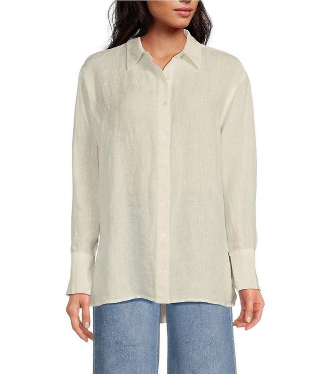 A Loves A Long Sleeve Point Collar Button Front Linen Blouse Product Image