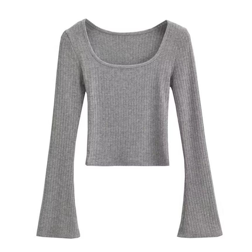 Long Sleeve Scoop Neck Plain Ribbed Crop Top Product Image