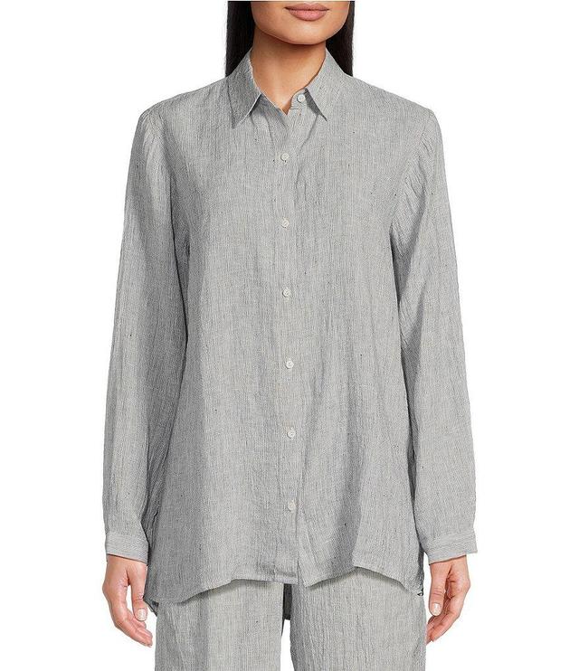 Eileen Fisher Striped Crinkle Organic Linen Point Collar Long Sleeve High-Low Hem Button-Front Shirt Product Image