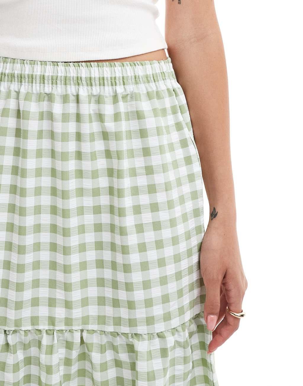 Miss Selfridge tiered maxi gingham skirt in sage Product Image