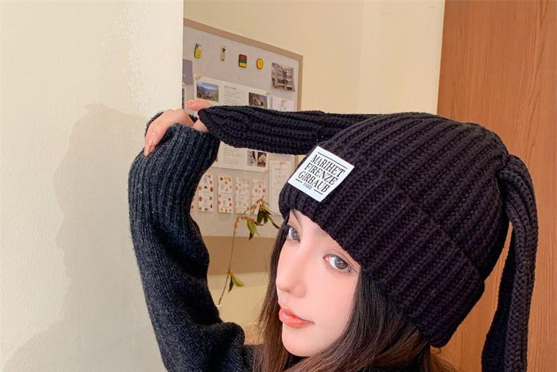 Lettering Applique Rabbit Ear Knit Beanie Product Image