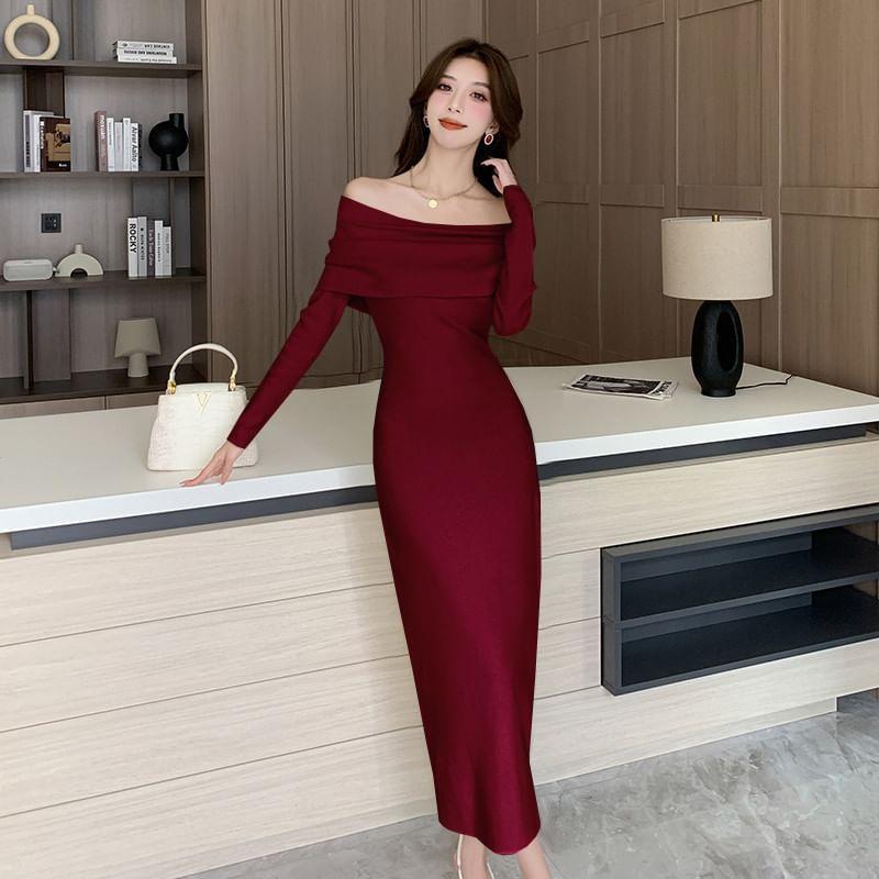 Long-Sleeve Off-Shoulder Plain Maxi Sheath Dress Product Image