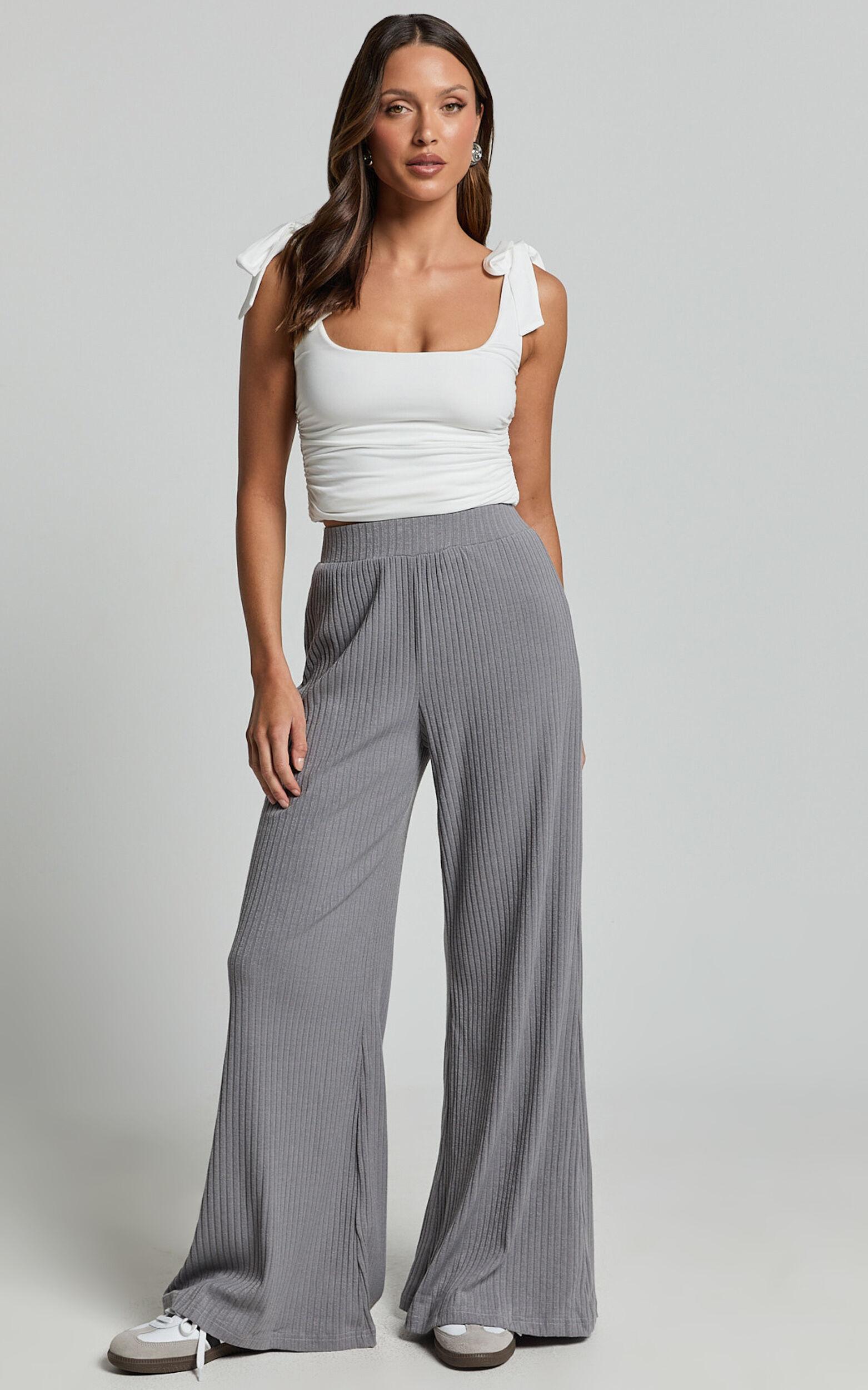 Adriana Pants - Ribbed High Waist Wide Leg Pants in Slate Grey Product Image