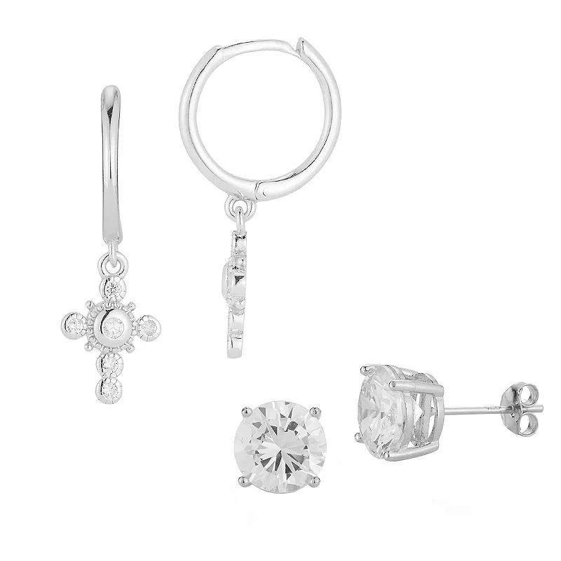 Sunkissed Sterling Cubic Zirconia Cross Drop Hoop & Stud Earring Duo Set, Womens, Silver Tone Product Image