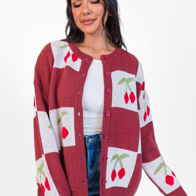 Cherry Much In Love Brick and White Multi Checkered Cardigan Product Image