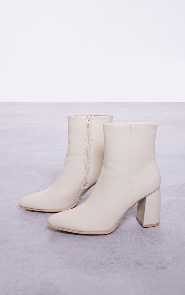 Cream PU Point Toe Block Heeled Ankle Boots Product Image