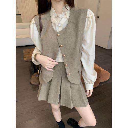 Long Sleeve Stand Collar Plain Frill Blouse / V-Neck Plain Button Vest / High Waist Pleated Mini A-Line Skirt Product Image