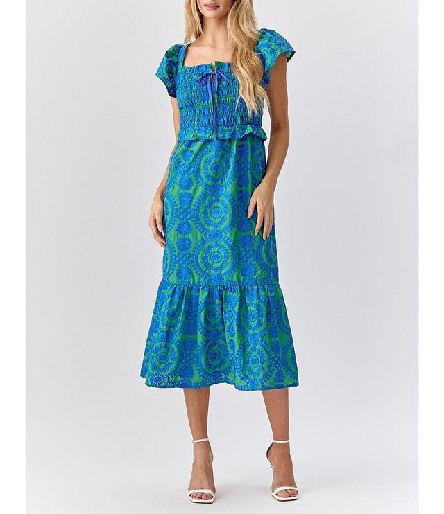 Adelyn Rae Selene Embroidered Square Tie Neck Flutter Sleeve Ruffle Midi Dress Product Image