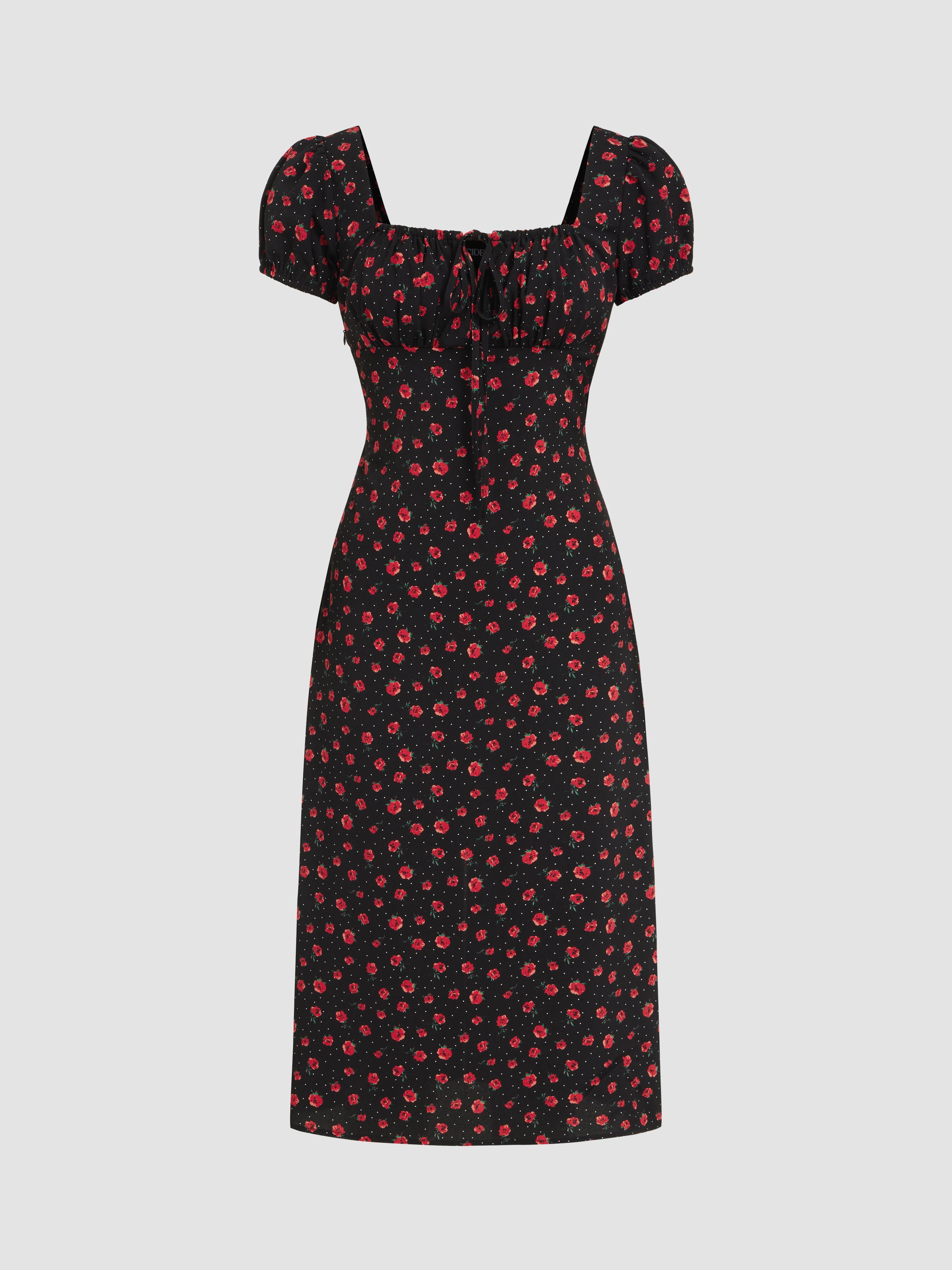 Square Neck Floral Knotted Short Sleeve Midi Dress Product Image