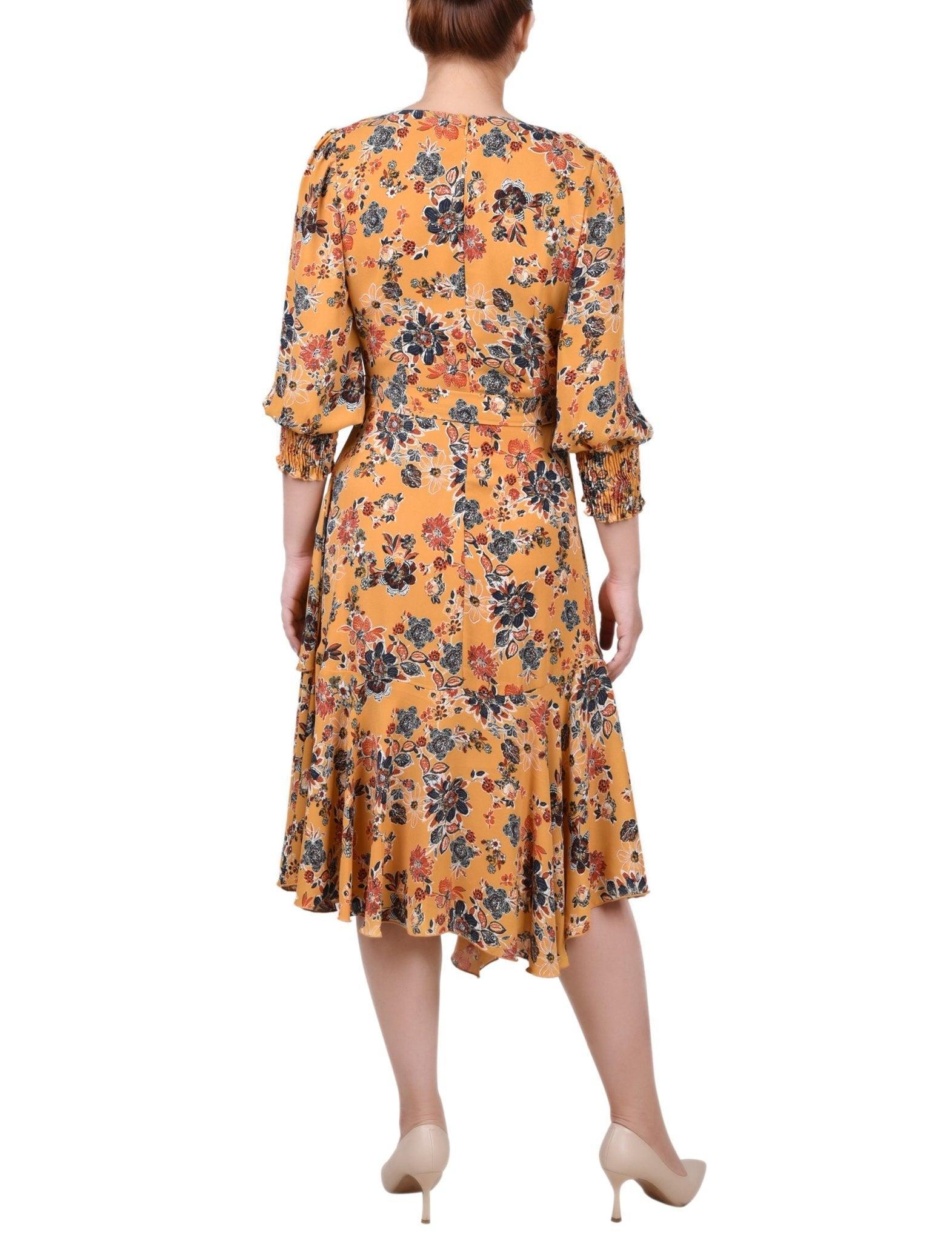 3/4 Length Sleeve Belted Chiffon Handkerchief Hem Dress - Petite Product Image