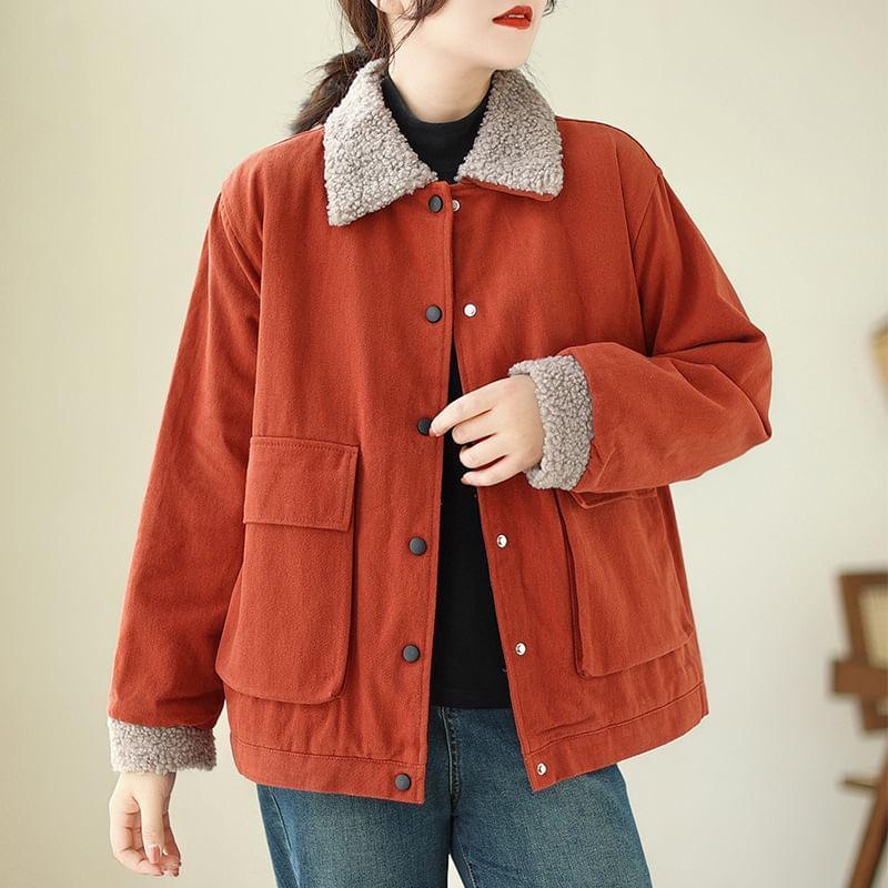 Collar Two Tone Fleece-Lined Button Jacket Product Image