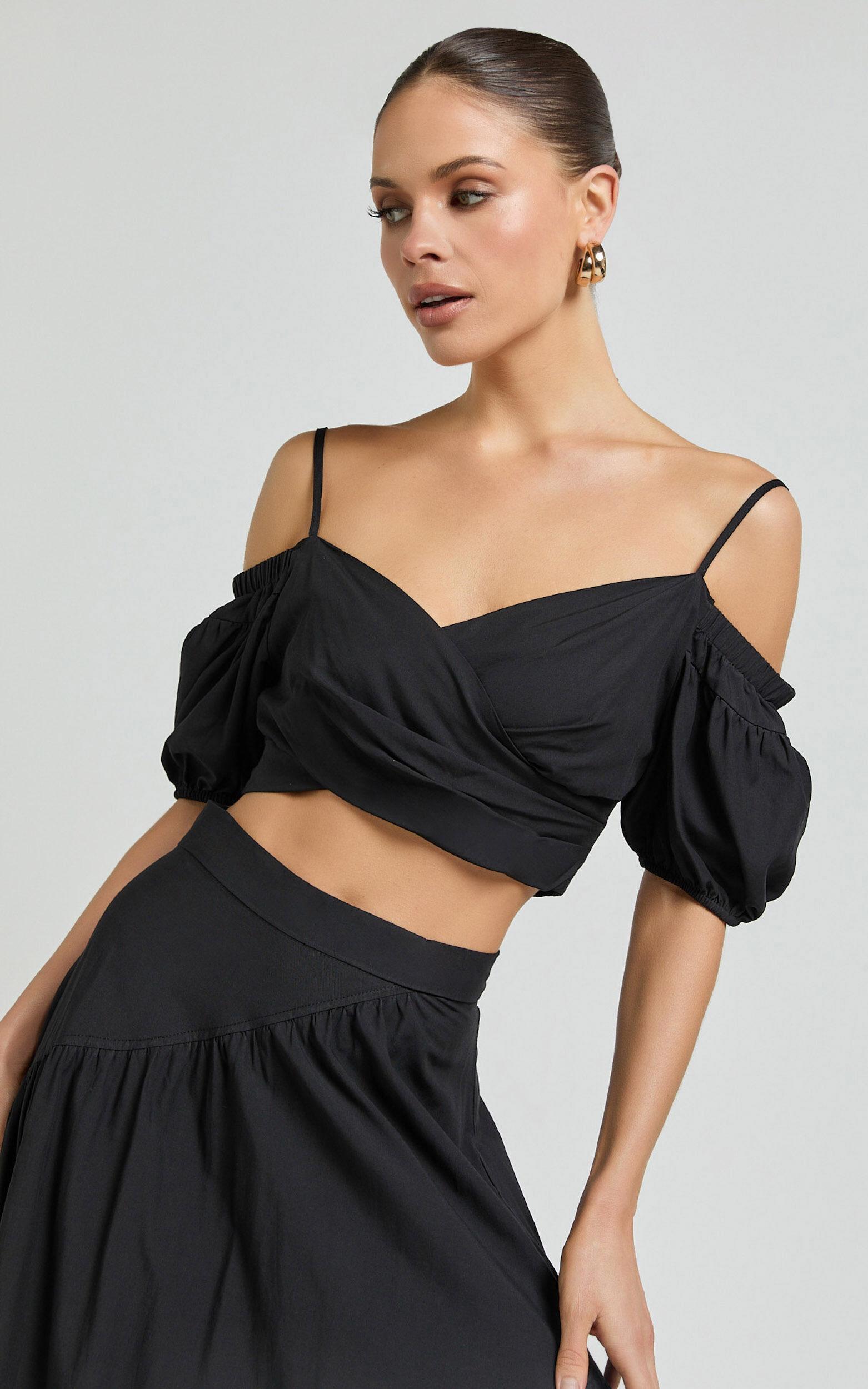 Bella Top - Off Shoulder Cross Over Puff Sleeve Crop Top in Black Product Image