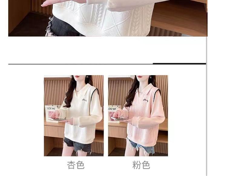 V-Neck Collared Lettering Embroidered Contrast Trim Pullover Product Image