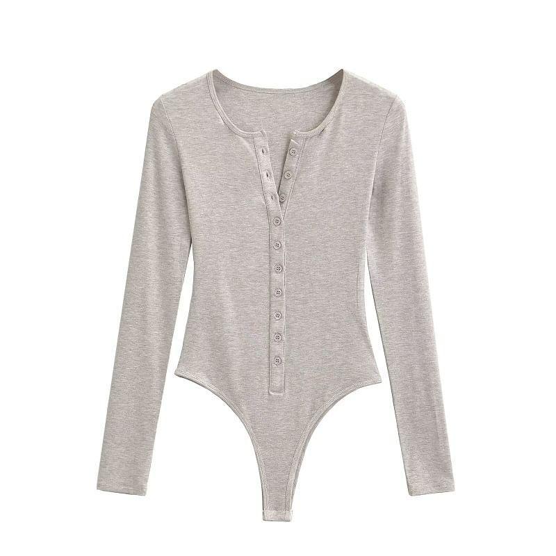 Long-Sleeve Round Neck Button Bodysuit Top Product Image