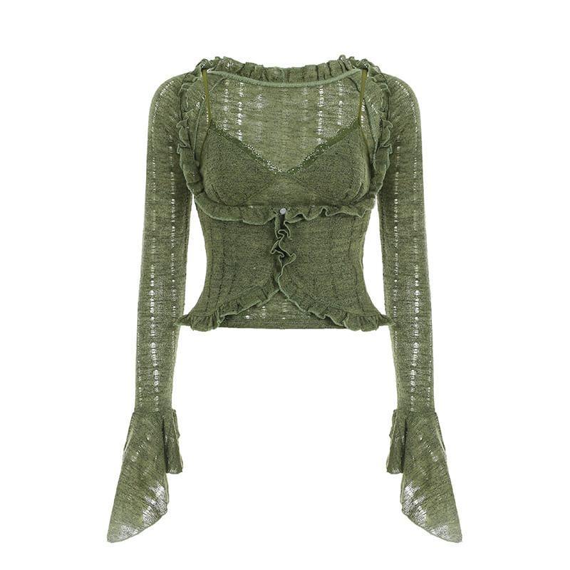 Set: V-Neck Lace Trim Crop Camisole Top + Scoop Neck Ruffle Trim Cardigan Product Image