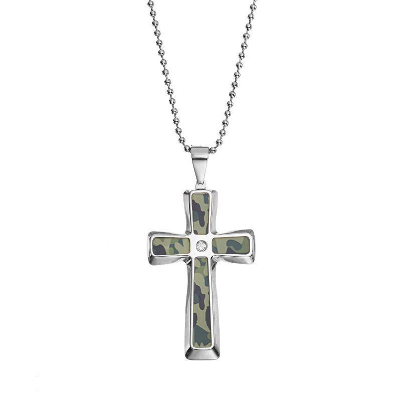 Diamond Accent Stainless Steel Camouflage Cross Pendant Necklace - Men, Mens Green Product Image