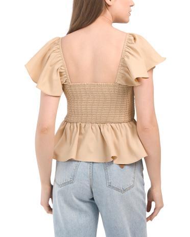 Flutter Sleeve Contrast Stitch Smocked Top for Women | Polyester Product Image