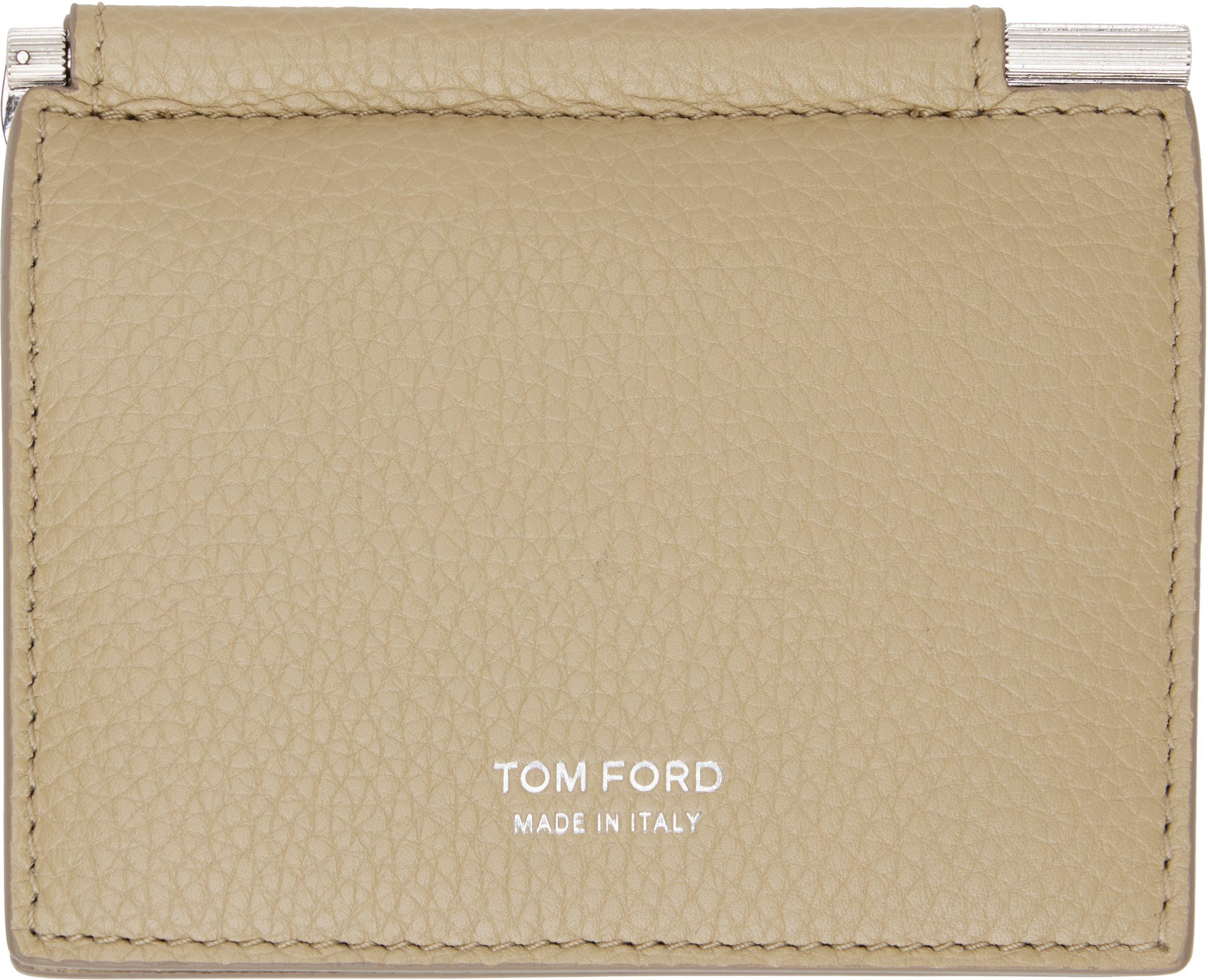 TOM FORD Beige Small Grain Leather Money Clip Card Holder In Brown Product Image