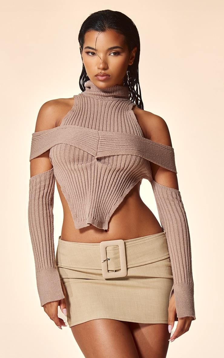 PLT Label Taupe Cut Out Knitted Long Sleeve Top Product Image