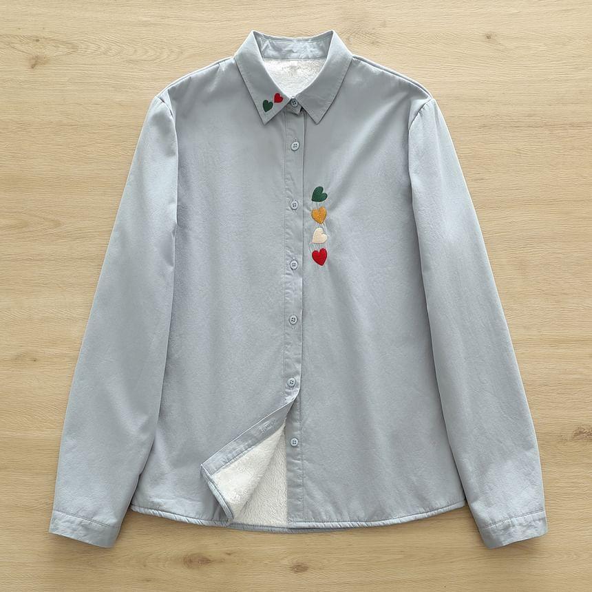 Fleece-Lined Heart Embroidered Button-Up Shirt Product Image